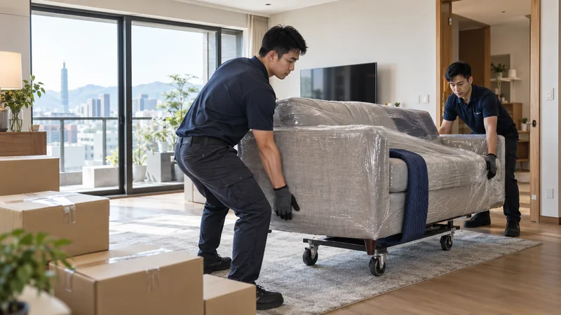 搬運人員為沙發做好防護,使用推車搬運